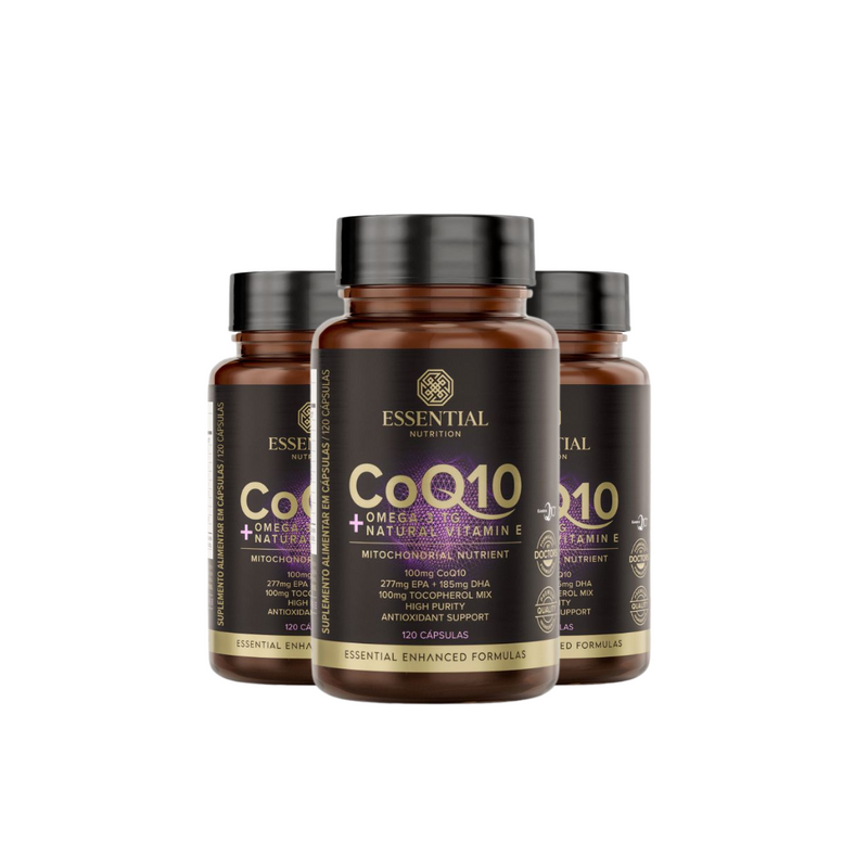 3 Unidades Coenzima Q10 CoQ10 + Ômega-3 TG + Vitamina E 120 Capsulas Essential Nutrition ( Cardiovascular e Energia )